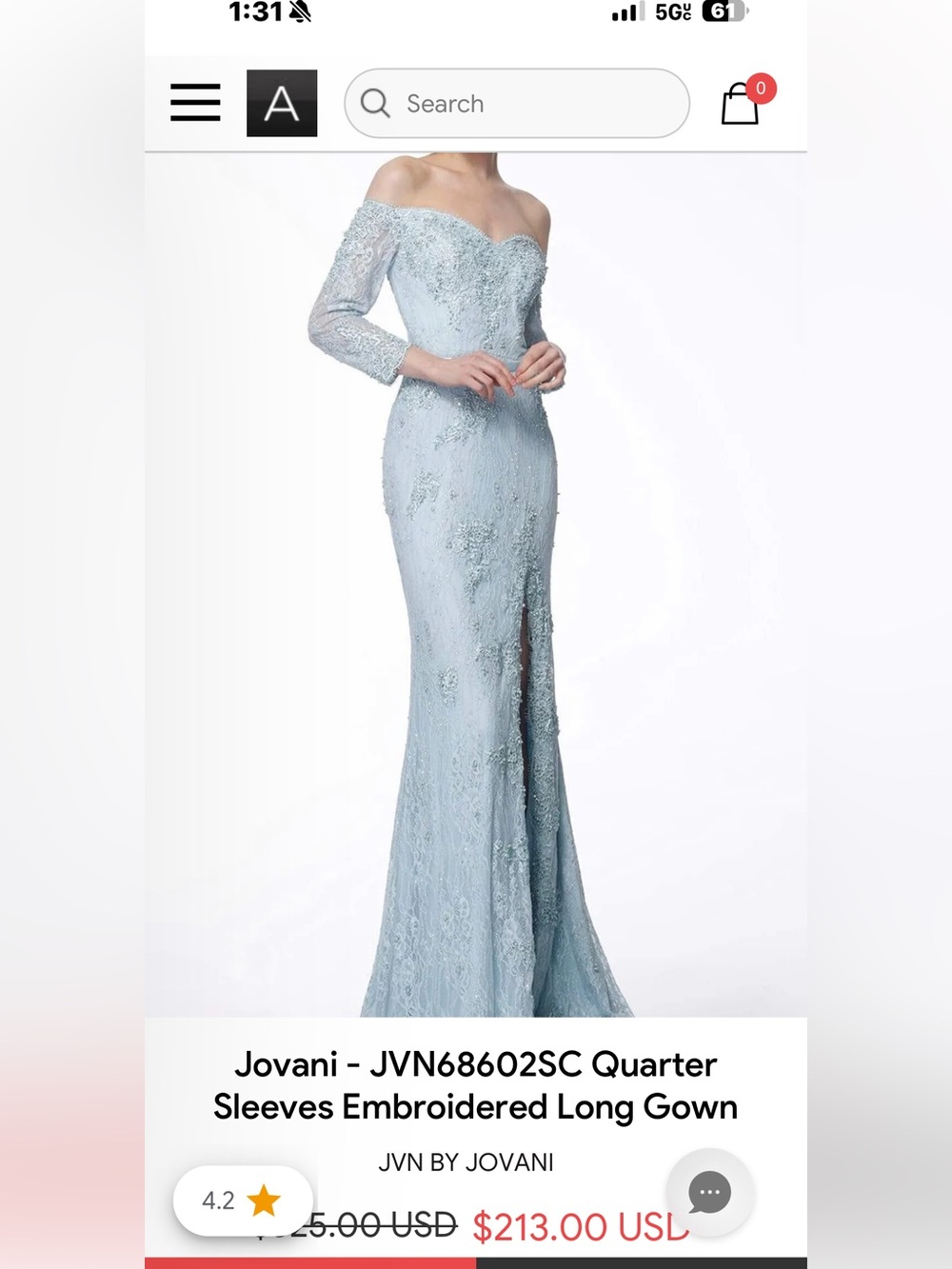 Jovani Pale Blue Embroidered Long Gown with Quarter Sleeves